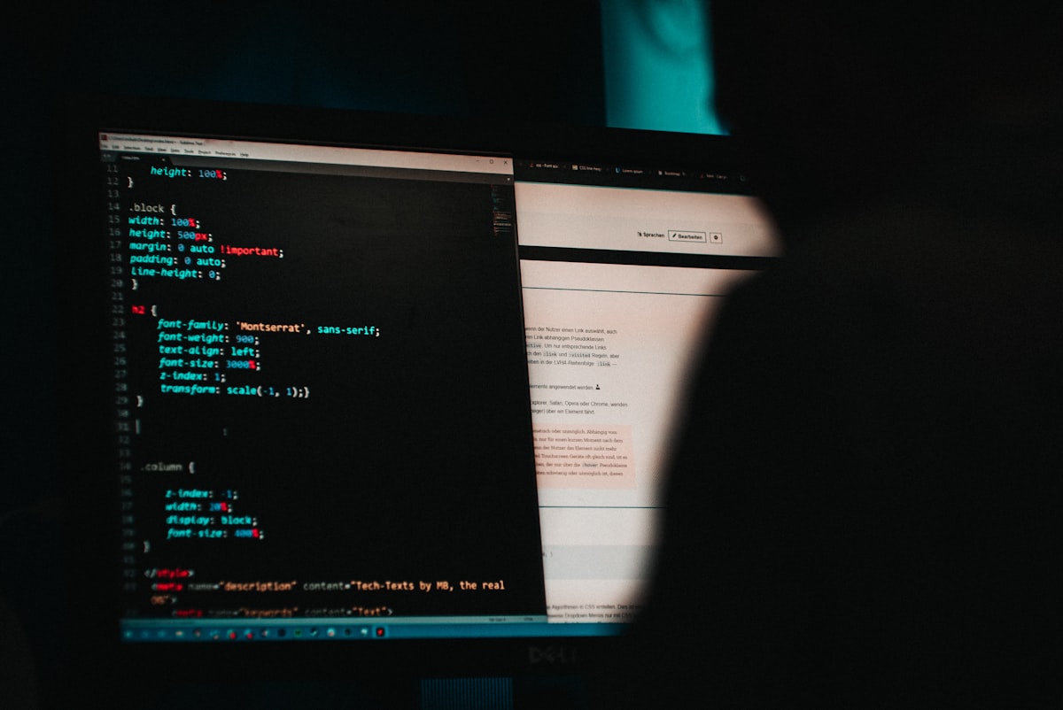 Code editor open on a dark screen showing CSS rules beside a browser window
