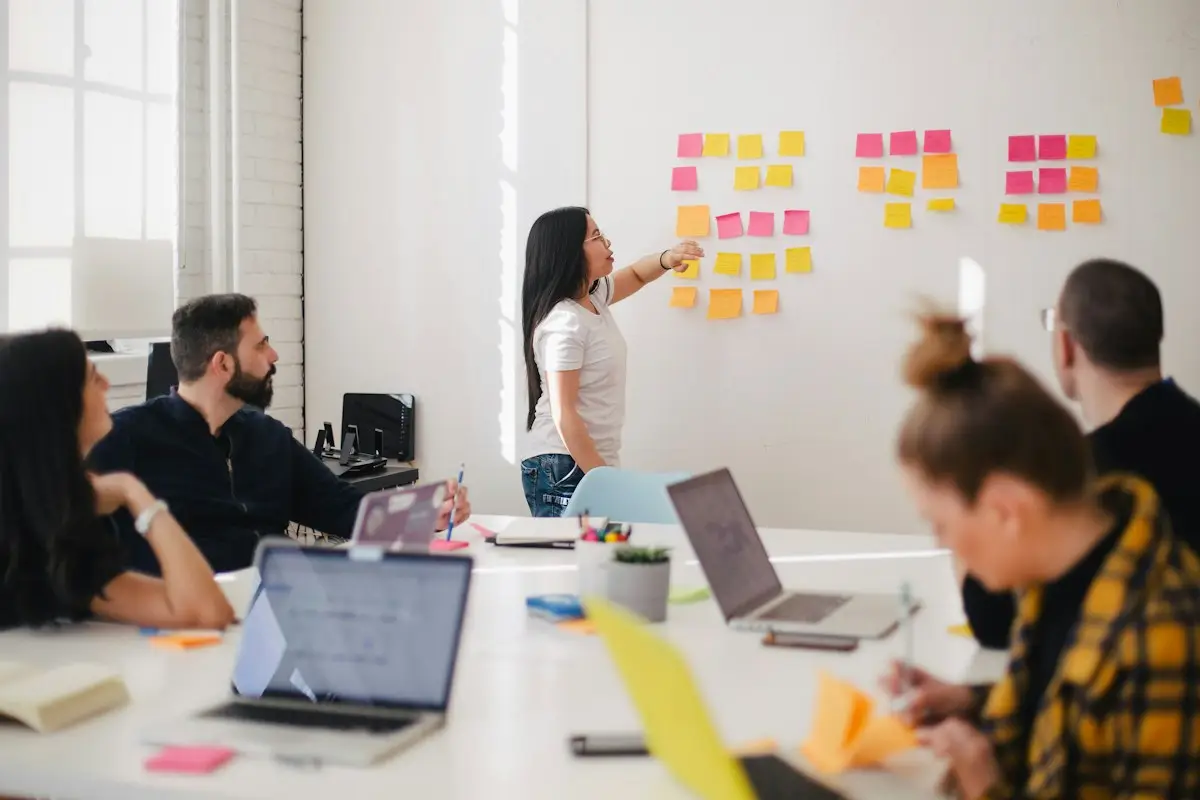 A team planning with sticky notes on a wall