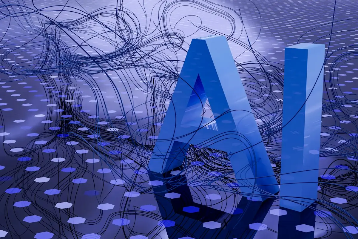 The letters AI rendered in blue 3D