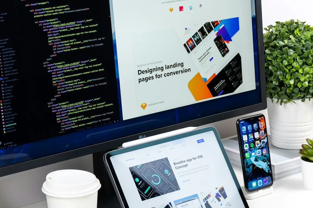 A desk with code on a monitor and a web design on a tablet