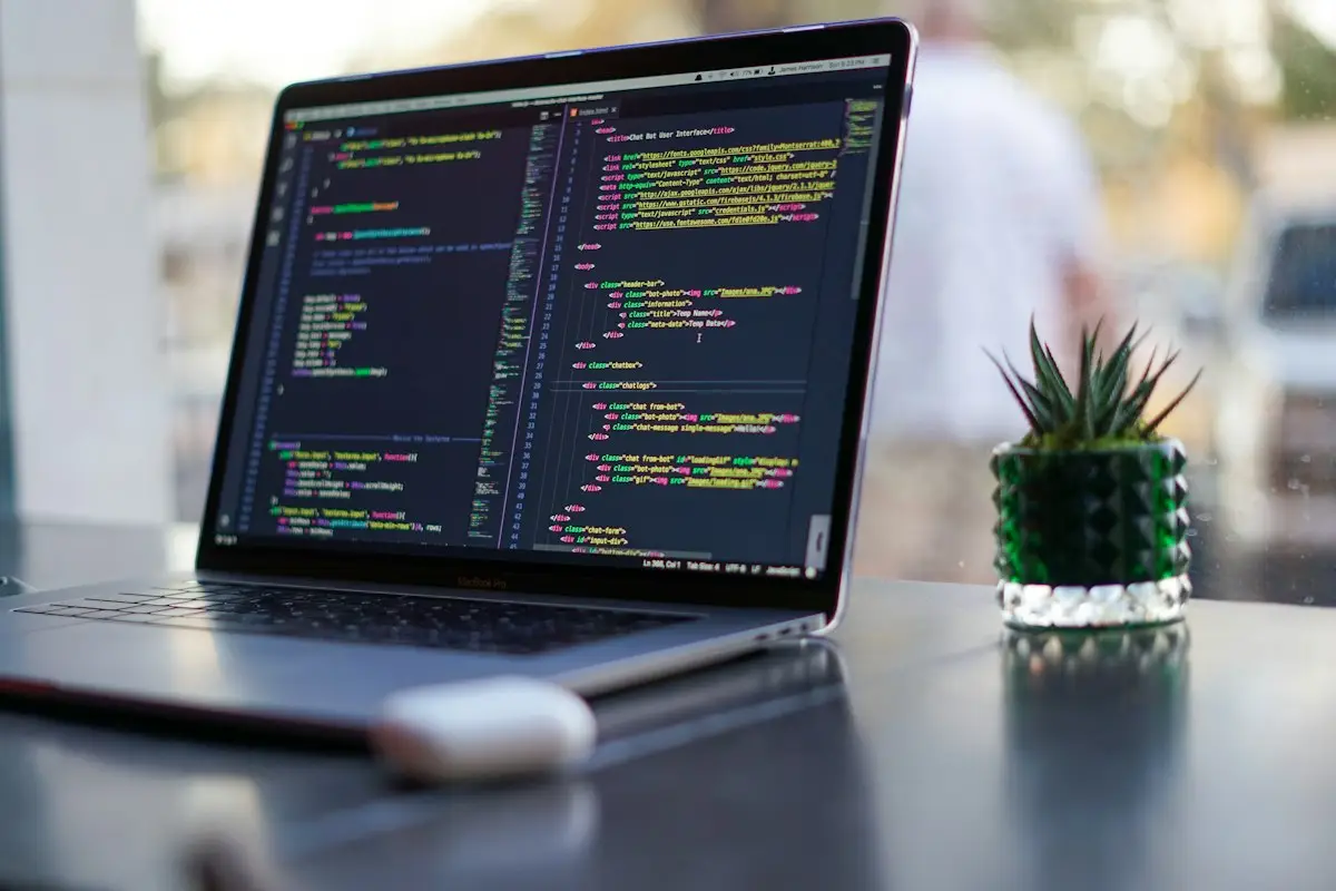 A laptop with code on screen next to a small plant