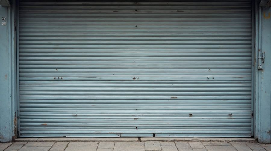 A metal roller shutter pulled fully down across a closed shop front