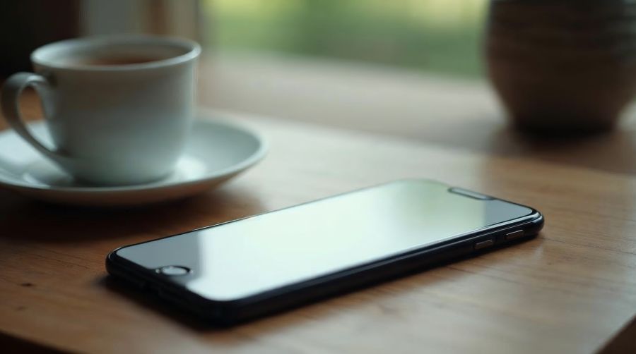 A phone lying face up on a desk beside a cup of tea, screen blank