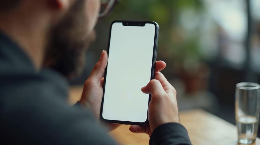A man holding a phone close to his face, the screen blank