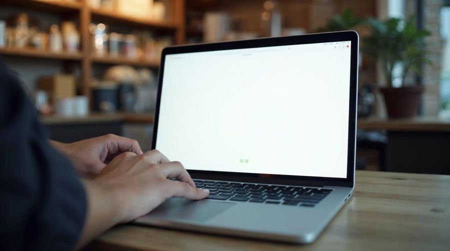 A laptop on a shop counter with a blank white page still loading, hands waiting at the keyboard