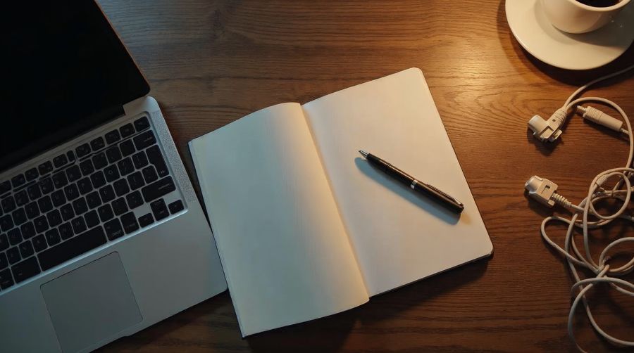 An overhead view of a desk with a half-closed laptop, a blank notebook and unplugged cables